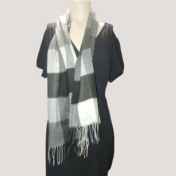 Checkered Scarf Black White Acrylic V. Fraas Germany Womens Fringe - Picture 4 of 7